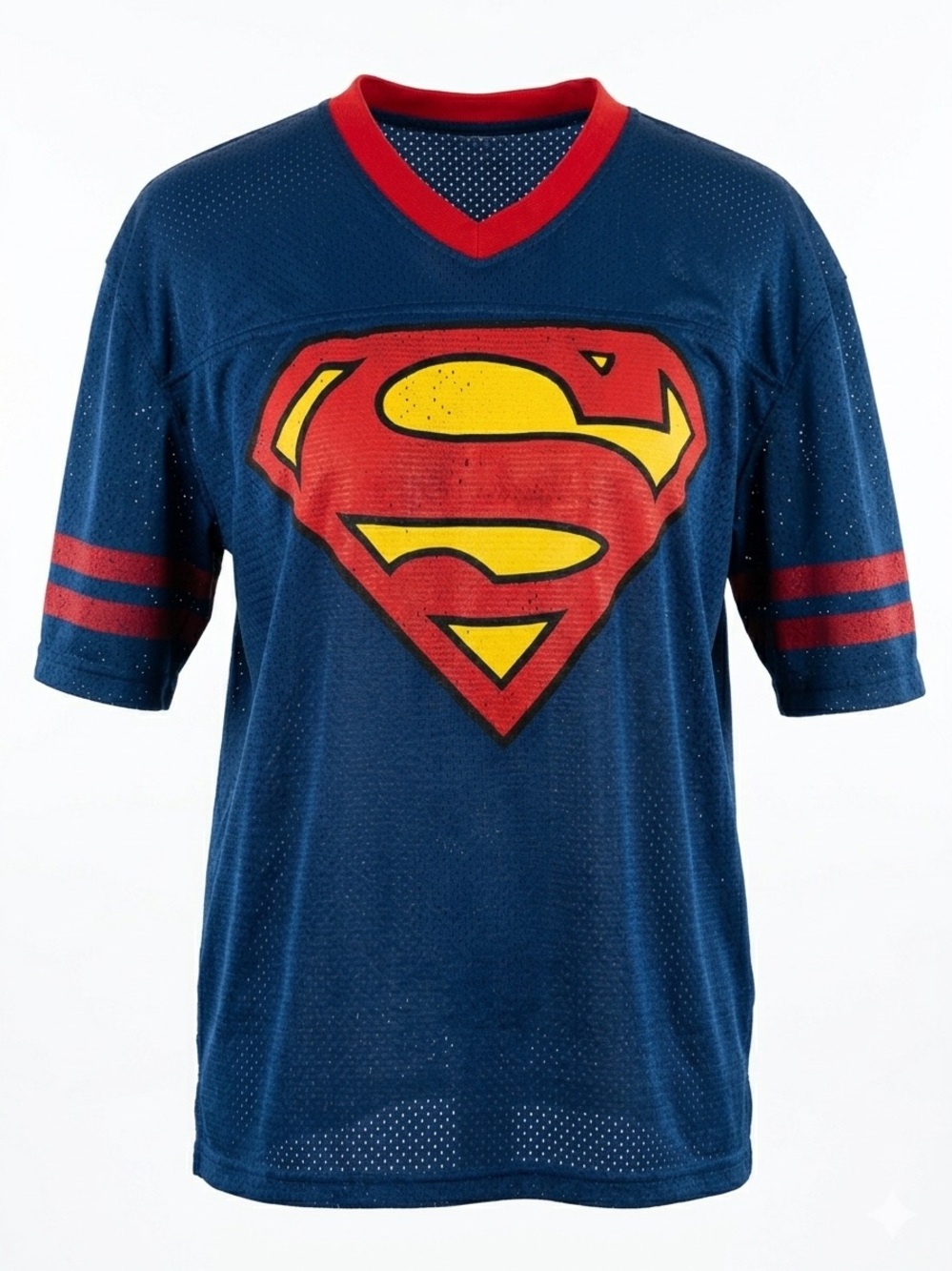 Superman Mesh Jersey Tee Large Blue Red DC Comics Graphic Football Shirt